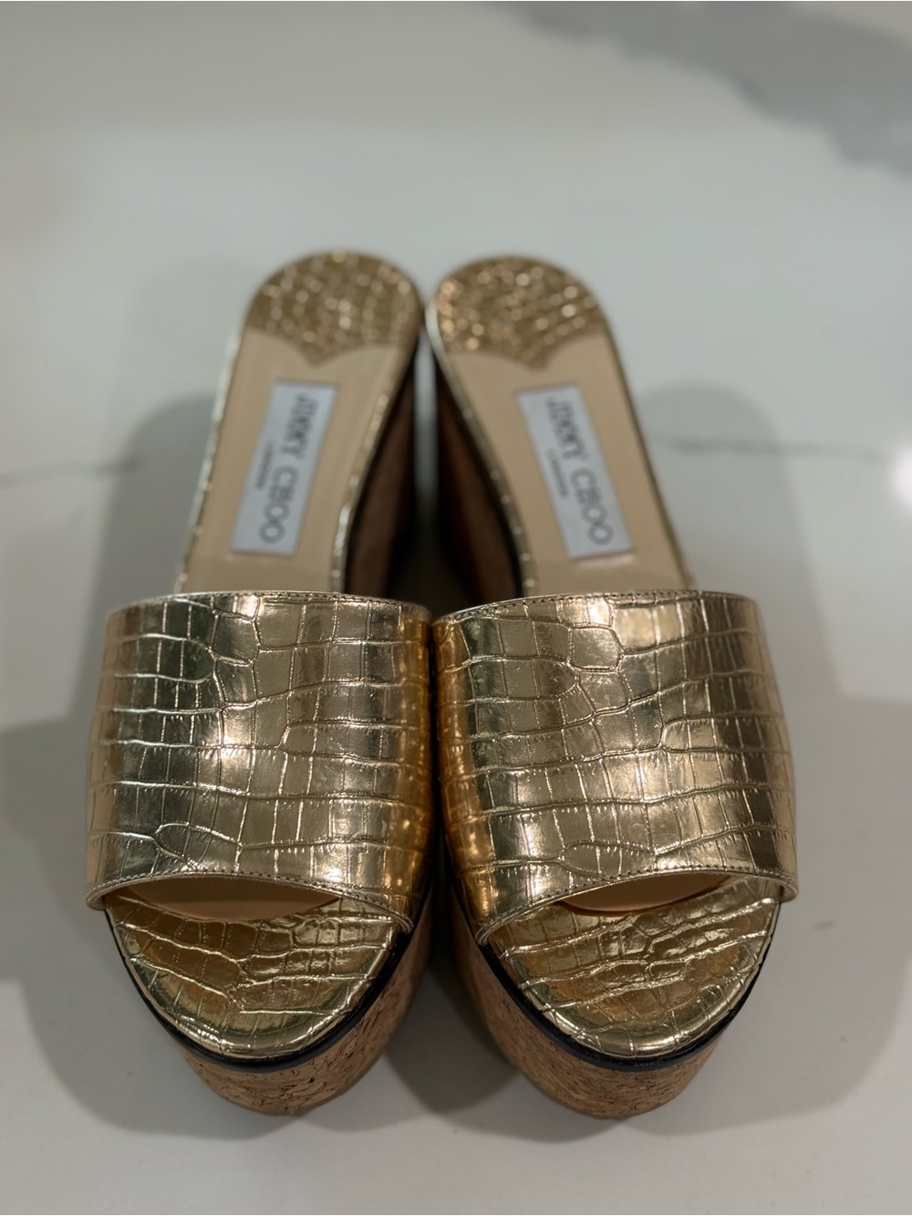 Jimmy Choo Metallic Gold Croc-Embossed Cork Platform Mule
